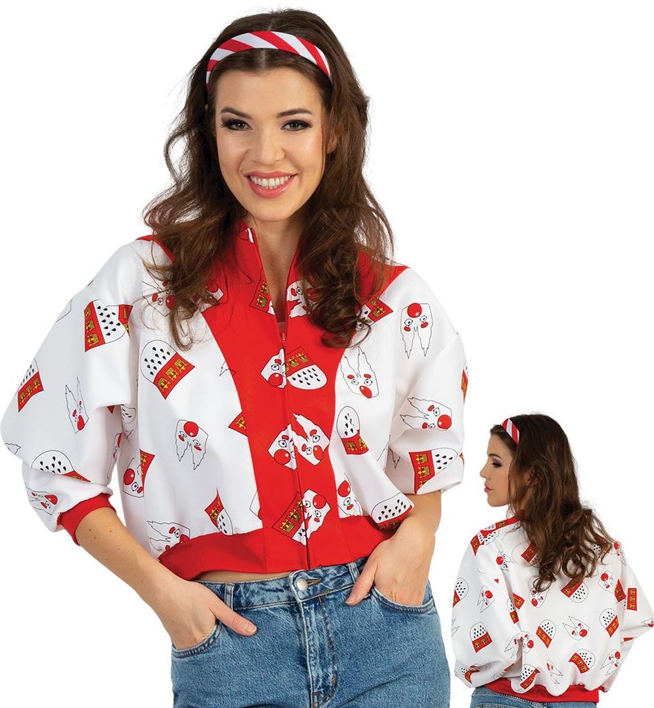 Damen Kostüm Jacke Rot-Weiß mit Clown & Köln-Wappen Design – Stylischer Blouson im kölschenen Stil, bequemer Schnitt mit Reißverschluss (L)