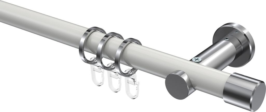 Interdeco Gardinenstange / Vorhangstange Weiß / Chrom, Typ Platon Santo (Kappe), 20 mm Ø 1-läufig, 240 cm