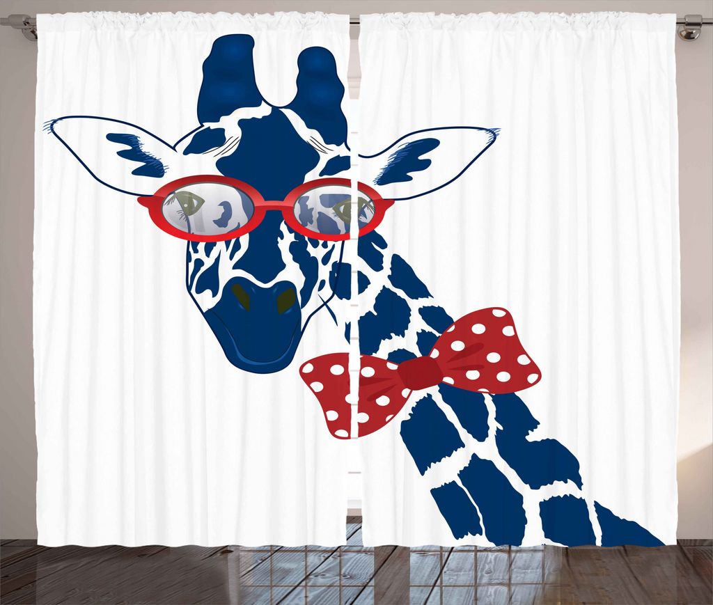 ABAKUHAUS Giraffe Rustikaler Gardine, Long Neck mit Bowtie, Schlafzimmer Kräuselband Vorhang mit Schlaufen und Haken, 280 x 225 cm, Blau Vermilion...