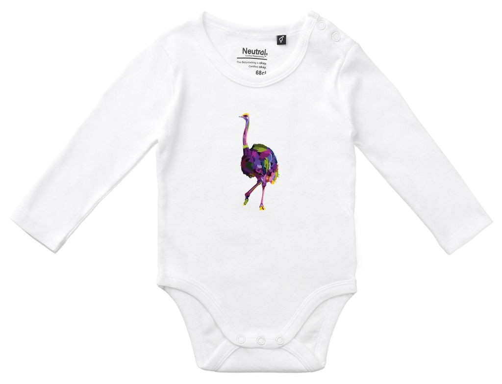 Huuraa Baby Body Vogel Strauß Colorful 80 White Baumwolle Fairtrade Langarmbody Geschenkidee