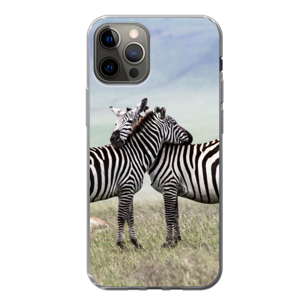 MuchoWow Handyhülle Schutzhülle Hülle für iPhone 13 Pro Zebras - Gras - Schwarz - Weiß Silikon Softcase Handy Hülle - Handy-Tasche