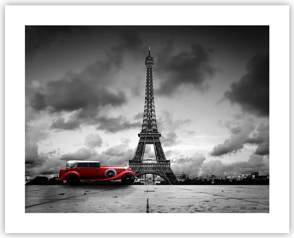 Poster - Poster ohne Rahmen - Auto Eiffle Paris Stadt - 50x40 cm - Wand Bild - Wanddeko - Wandbilder - Kunstposter - Wandposter - Bilder - Kunstdru...