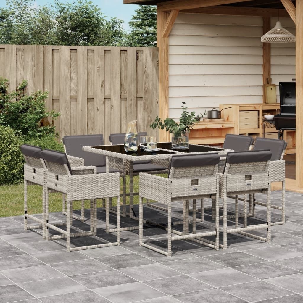 Maison Exclusive - 9-tlg. Garten-Essgruppe mit Kissen Hellgrau Poly Rattan
