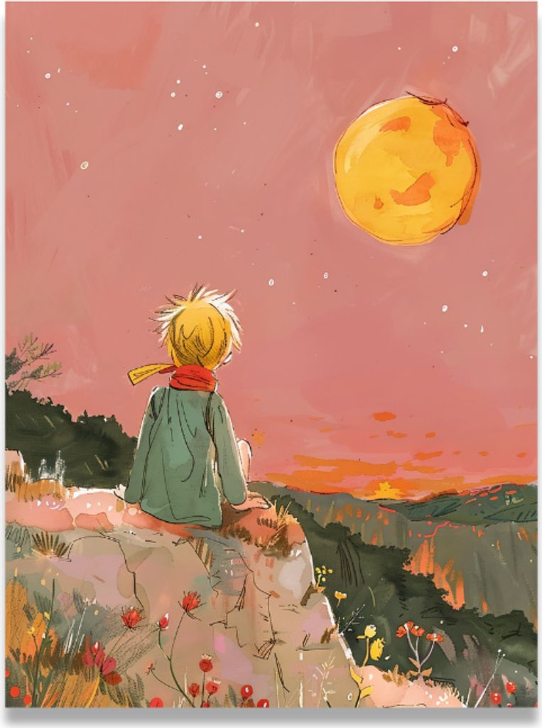 Bild auf Leinwand für die Wand mit dem Motiv des KLEINEN PRINZEN und des Mondes - 80x80 cm