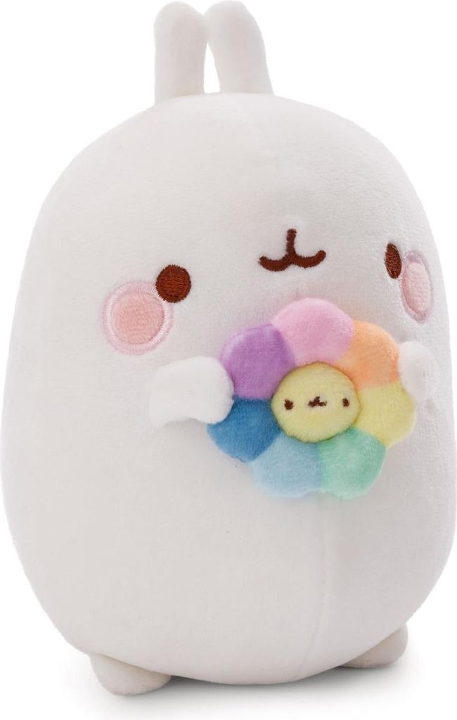 A white plush toy rabbit holding a rainbow-colored flower.