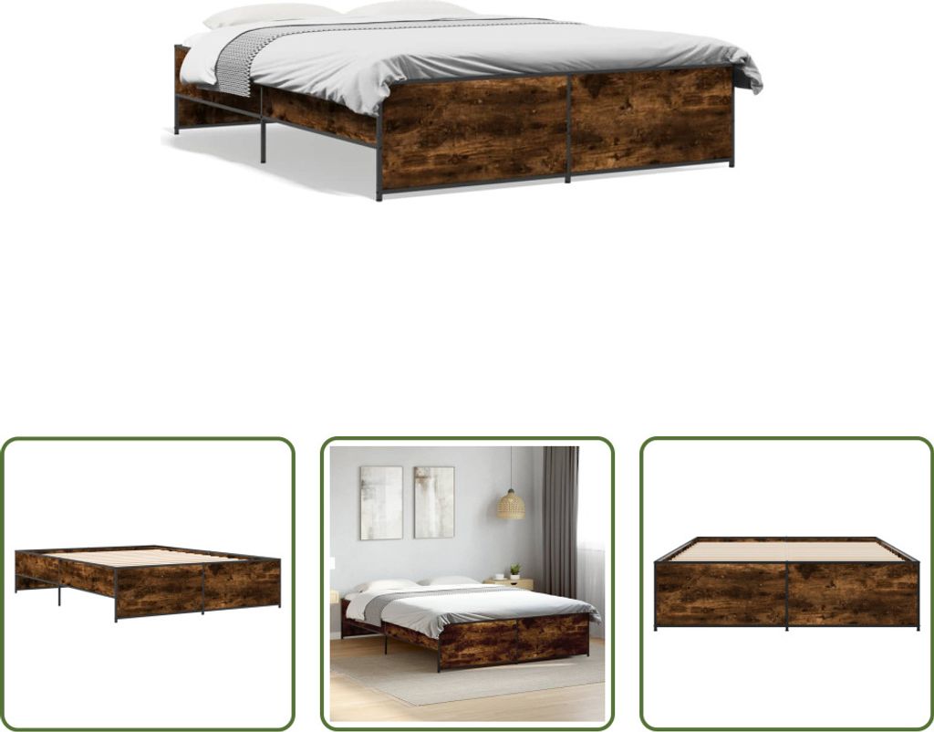 The Living Store Bettgestell Räuchereiche 160x200 cm Holzwerkstoff und Metall