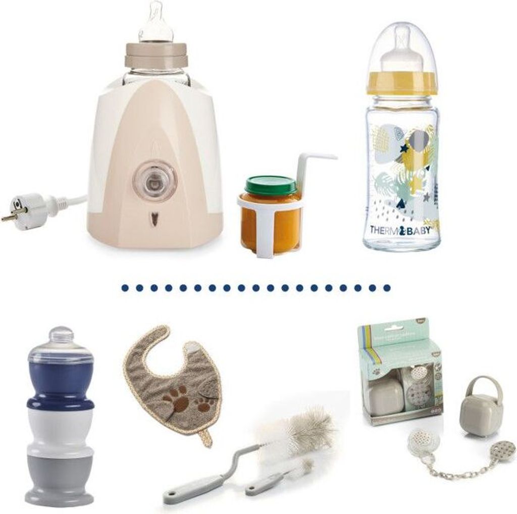 THERMOBABY Baby Erstausstattung Set, Glasflasche Anti-Kolik, Flaschenwärmer, Milchpulver Portionierer, Lätzchen, Schnullerbox