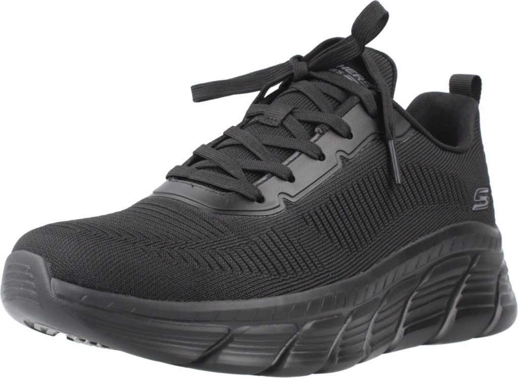 A black Skechers sneaker is shown from a side angle against a white background.