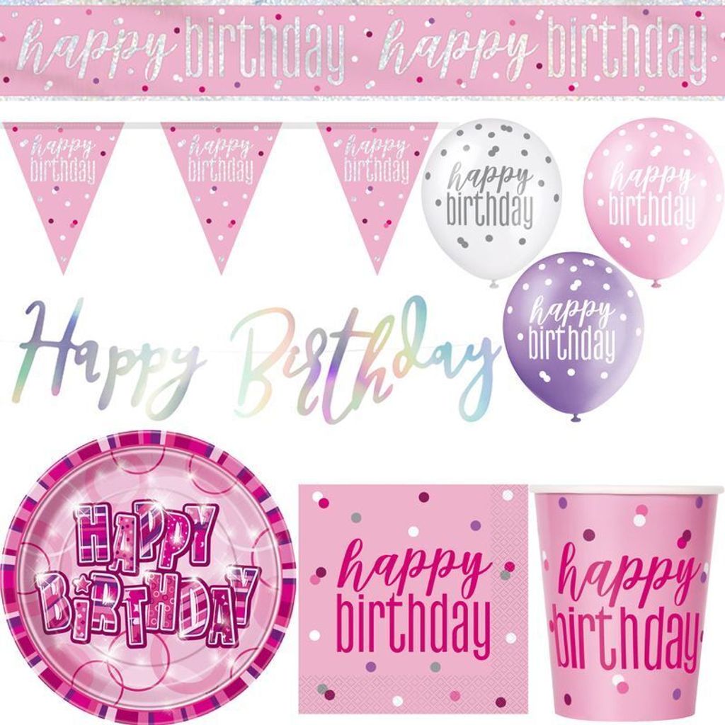 Geburtstag Partyset rosa pink 33 tlg. Partygeschirr Teller Becher Servietten Partydeko