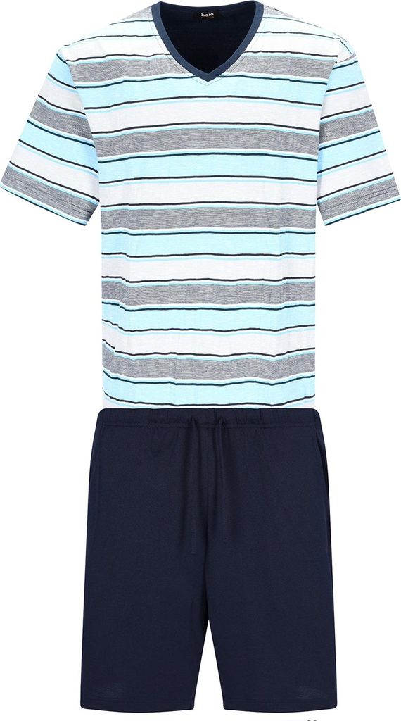 hajo Herren Schlafanzug, kurz - Premium Baumwolle, V-Ausschnitt, Pyjama, Shorty, Baumwolle Blau 3XL