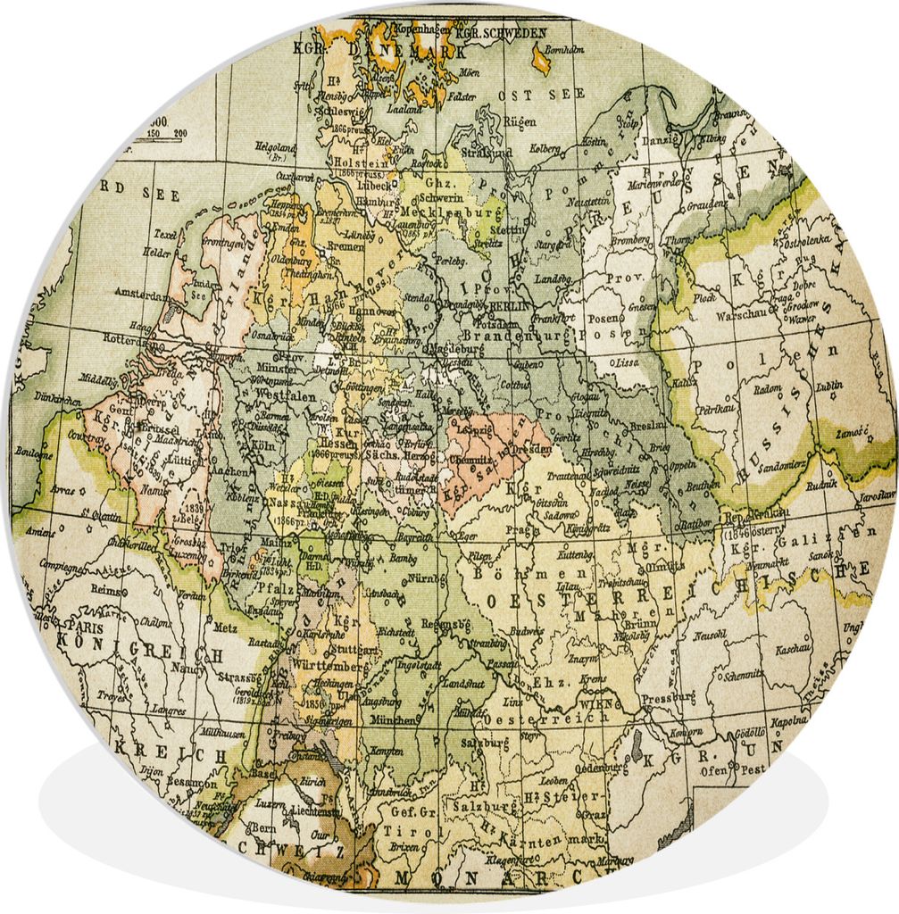 MuchoWow Rundes Wandbild - Runde Bilder Antike Landkarte von Deutschland Ø 60 cm Kreis Wanddekoration Kunststoff - Wandkreis - Wandschmuck - Wan...