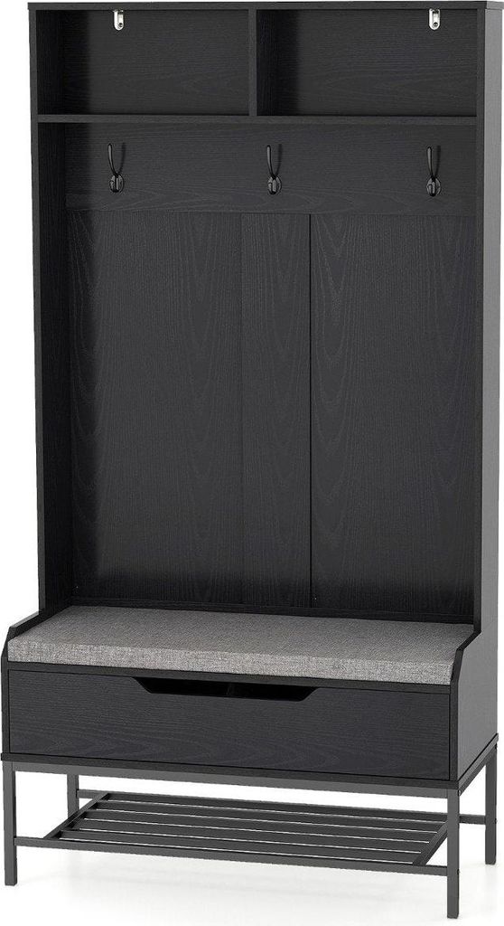 4 in 1 Garderobe mit Sitzbank & Schuhschrank & 3 Haken Garderobenständer Kleiderständer Schwarz