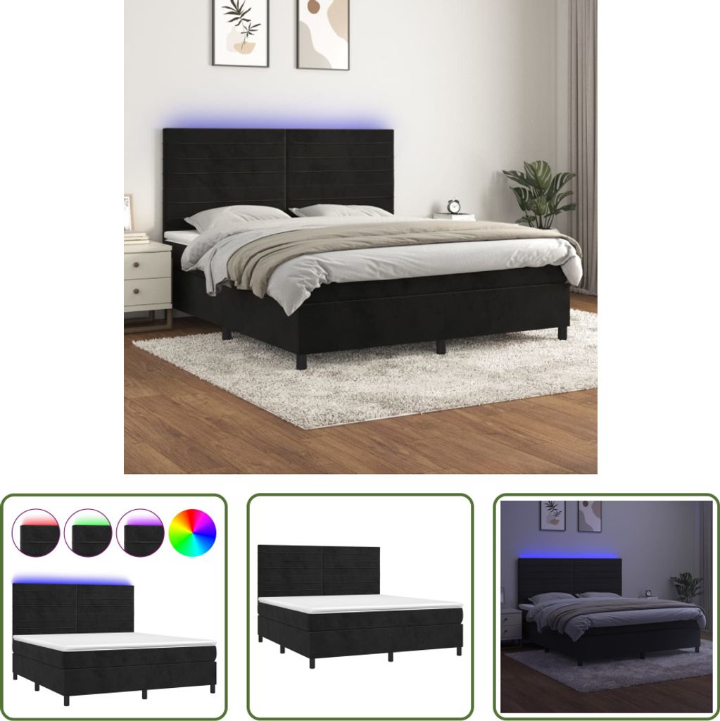 The Living Store Boxspringbett mit Matratze & LED Schwarz 180x200 cm Samt