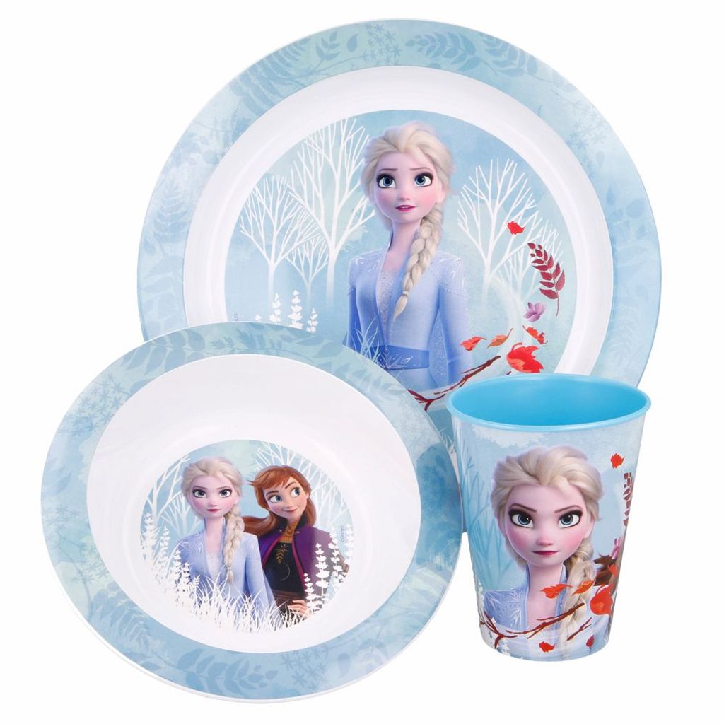 Frozen Anna & Elsa Kinder-Geschirr Set mit Teller Becher Frühstucks Set Schale 