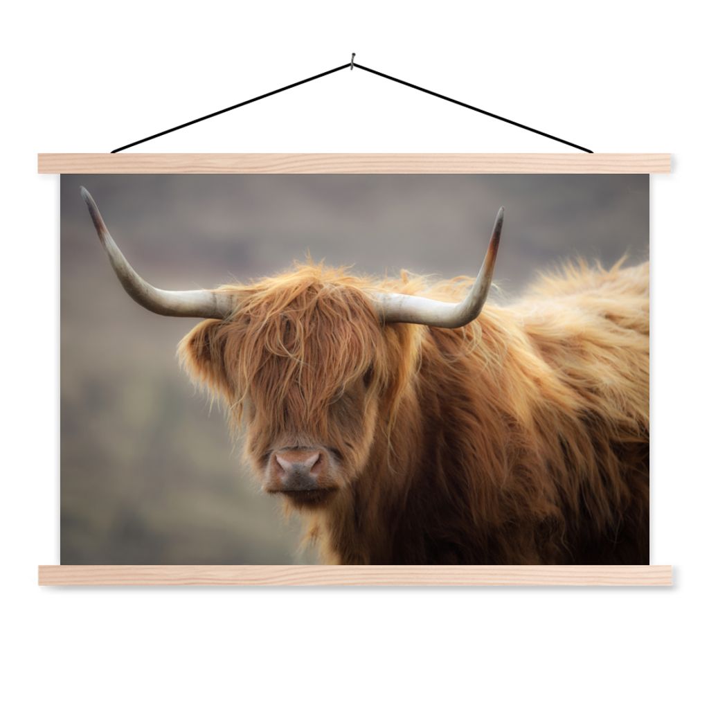 MuchoWow Textilposter Schottischer Highlander - Licht - Porträt 120x80 cm mit holzfarbenen Rahmen - Aufhängeset
