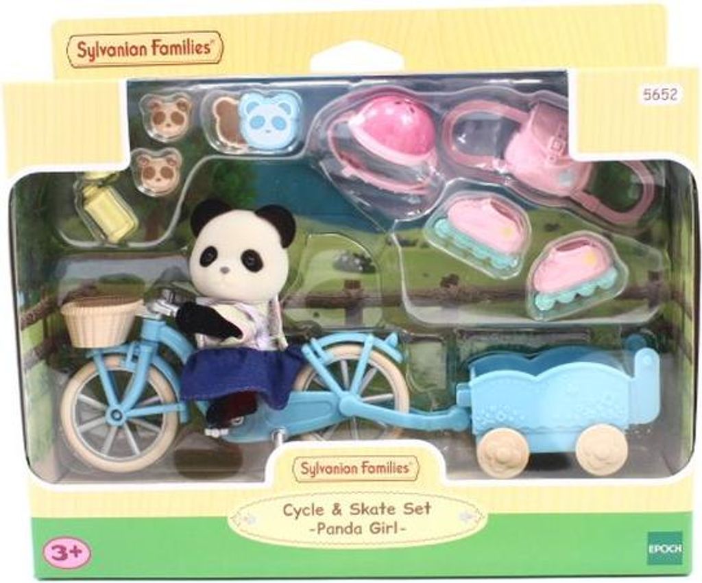 A Sylvanian Families toy set featuring a panda girl on a bicycle with a trailer, along with accessories like helmets and roller skates, all displayed in its retail packaging.