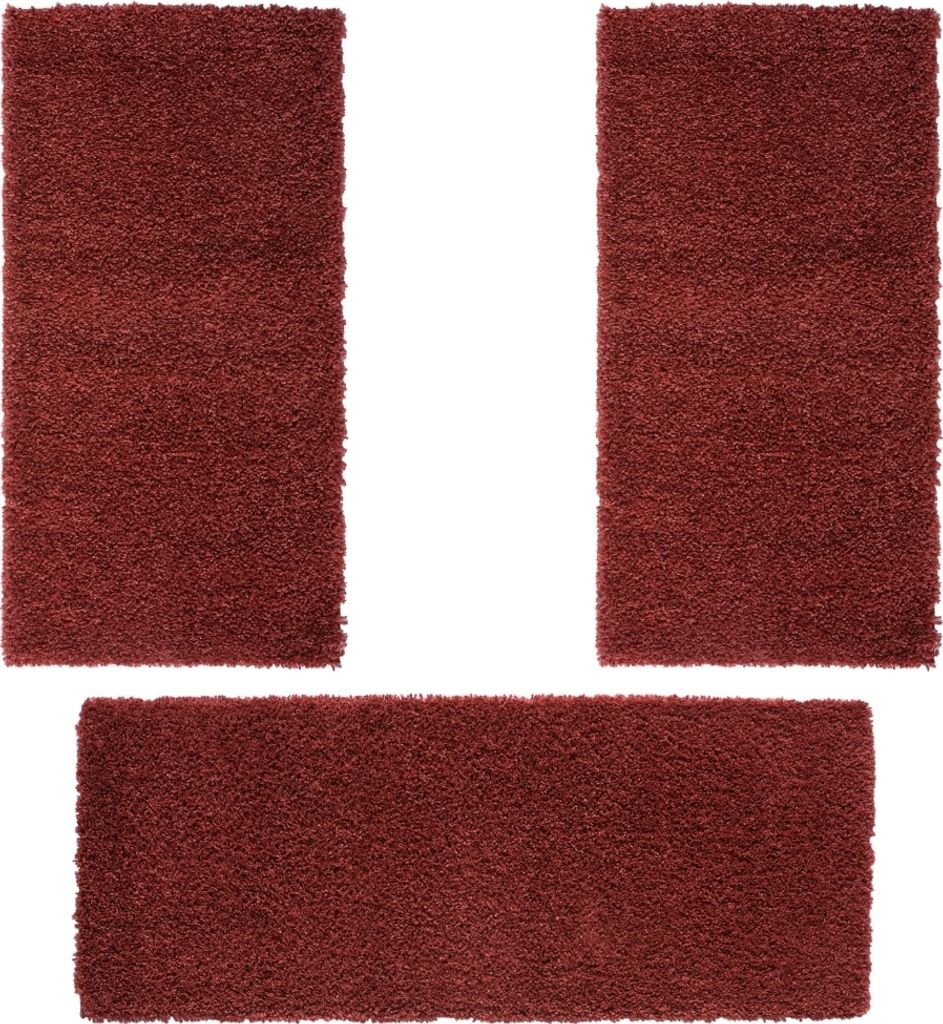 MY-RUG Shaggy Star Bettumrandung Hochflor 3 teilig, Läufer, Schlafzimmer, rot, 200x80