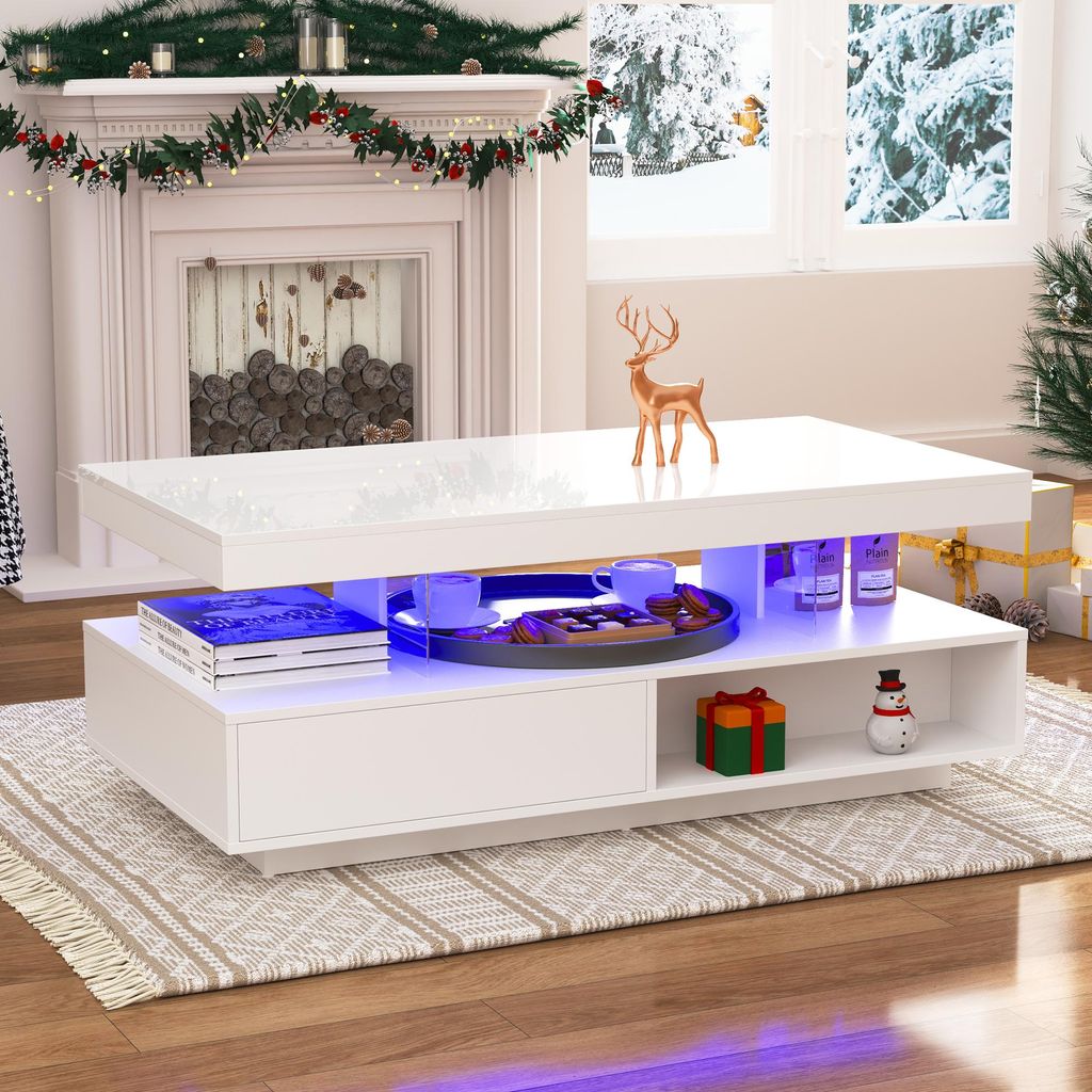 OKWISH Table Basse - Rectangulaire LED avec 2 Tiroirs et 2 Image du produit 