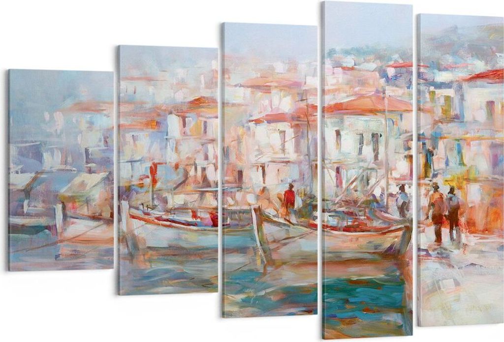 Bild auf Leinwand - Leinwandbild - 5 Teile - Insel Boote Hafen - 150x100cm - Wand Bild - Wanddeko - Wandbilder - Leinwanddruck - Bilder - Wanddekor...