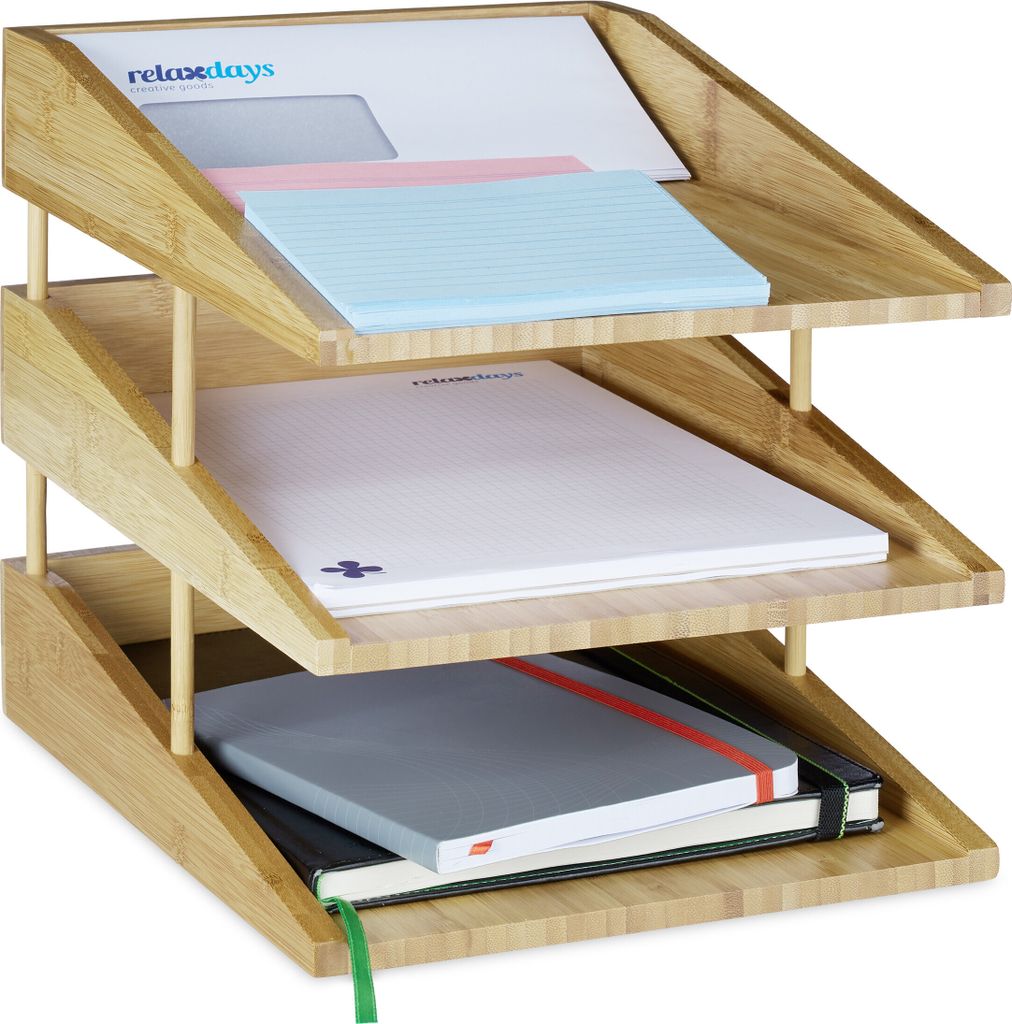 Relaxdays Dokumentenablage Bambus, 3 Ablagefächer, Produktbild 