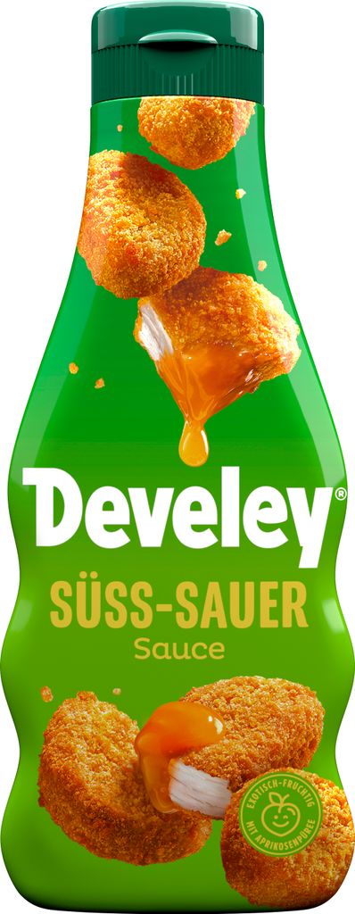 A bottle of Develey Suesssauer Sauce with images of chicken nuggets.