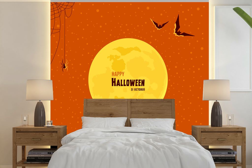 MuchoWow Fototapete für Wohnzimmer oder Schlafzimmer Wandtapete Vinyl Motivtapete Eine Illustration des Vollmonds an Halloween - 220x220 cm - Ta...