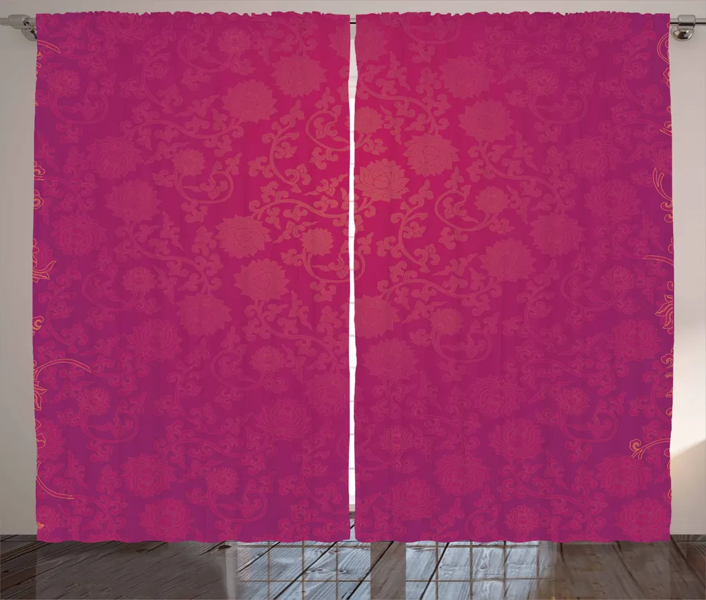 ABAKUHAUS Capodanno cinese Tenda rustica, motivo loto, tenda con nastro arricciato per camera da letto con passanti e ganci, 280 x 245 cm, arancione, viola e rosa
