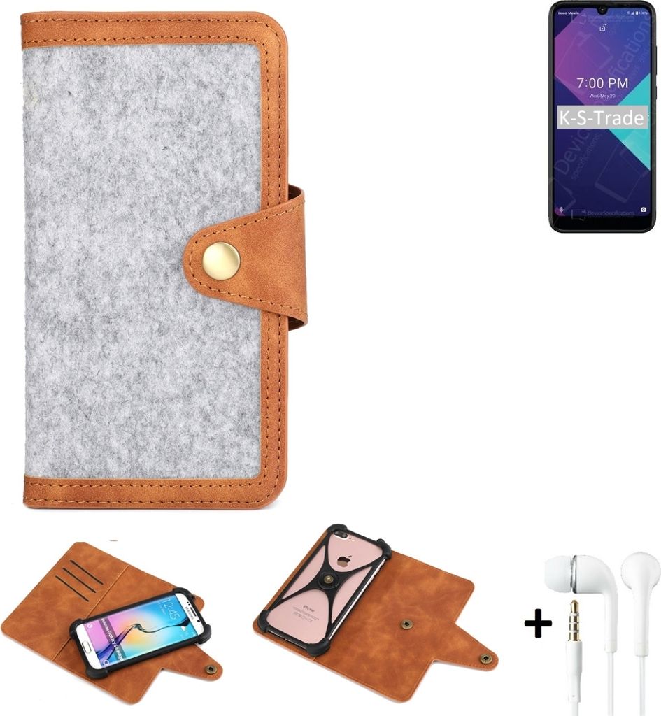 K-S-Trade Handyhülle + Kopfhörer kompatibel mit Wiko Ride 3 Schutzhülle Filz Hülle Kunstleder hellgrau braun (1x)