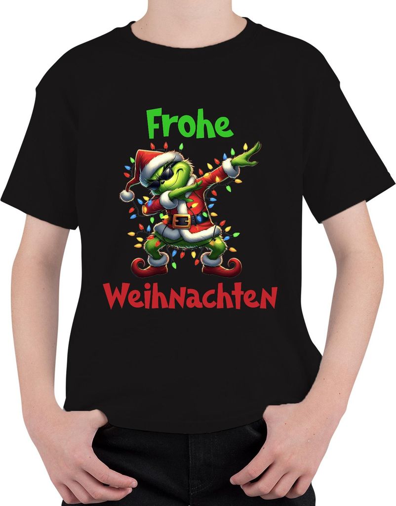 Frohe Weihnachten Dabender Grinch Weihnachtsmann Lichterkette Uni Kinder T-Shirt, Schwarz, 104