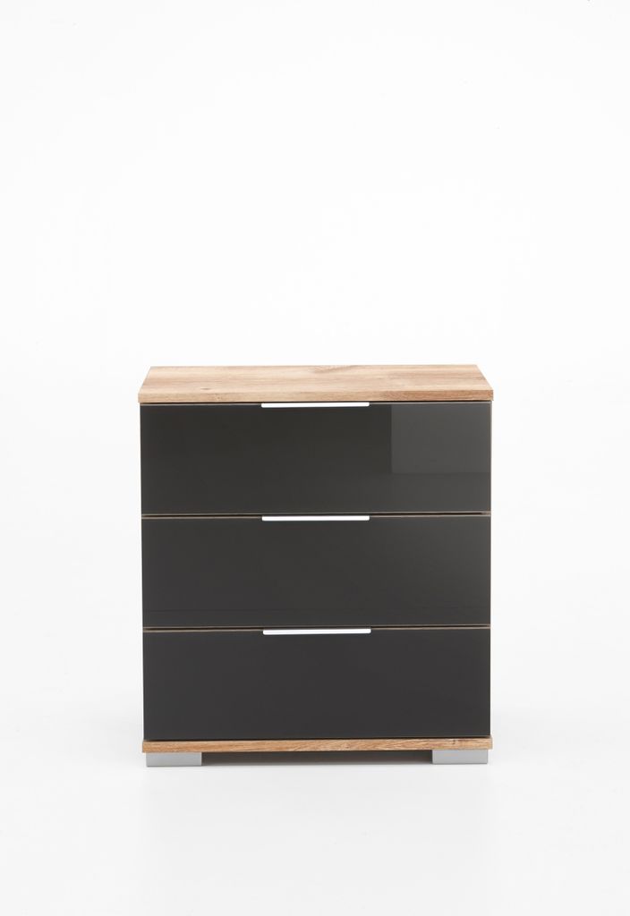 Nachtkommode "Easy Plus Kommoden" in Plankeneiche mit 3 Schubladen und Absetzungen in GLAS GREY. Abmessungen (BxHxT) 52x58x38 cm