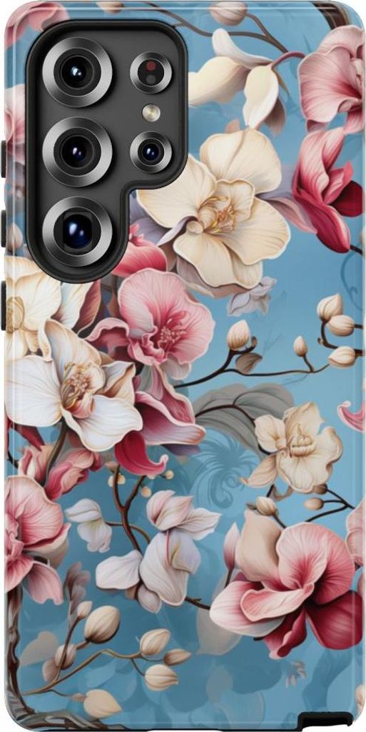 Orchideen-Blumenmuster auf blauem Hintergrund – Hülle Kompatibel mit Samsung Galaxy S25 Ultra