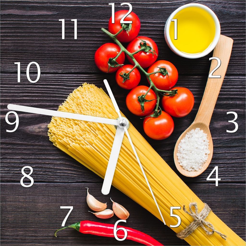 Wallario Design Wanduhr Italienisches Menü mit Spaghetti, Tomaten, Salz und Chilischoten aus Echtglas, Größe 20 x 20 cm