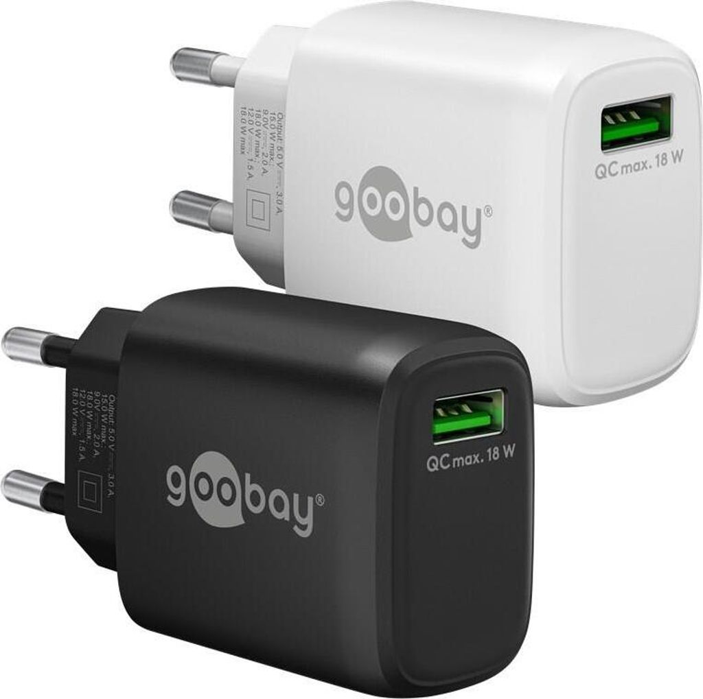 USB-A QC Schnellladegerät (18 W) schwarz, 1x USB-A-Anschluss (Quick Charge 3.0). Farbversion schwarz