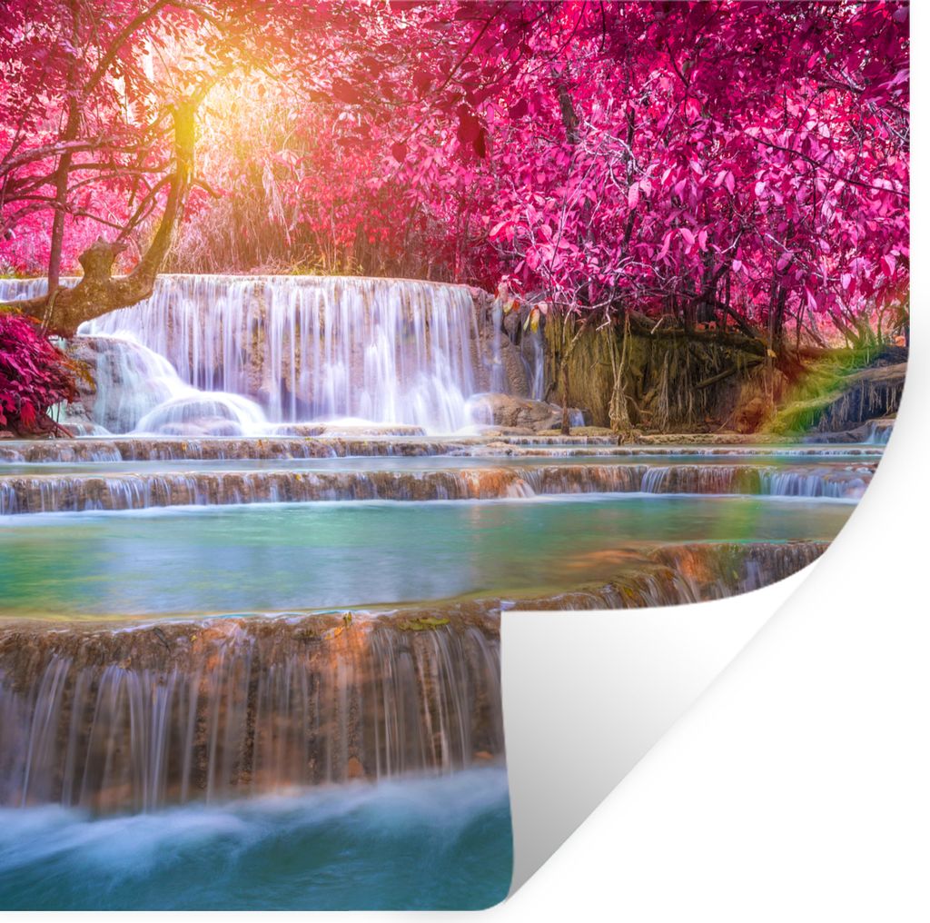 MuchoWow Wandtattoo Wandsticker Wandaufkleber Wasserfall - Regenbogen - Bäume - Rosa - Natur 100x100 cm Selbstklebend und Repositionierbar - Wie...