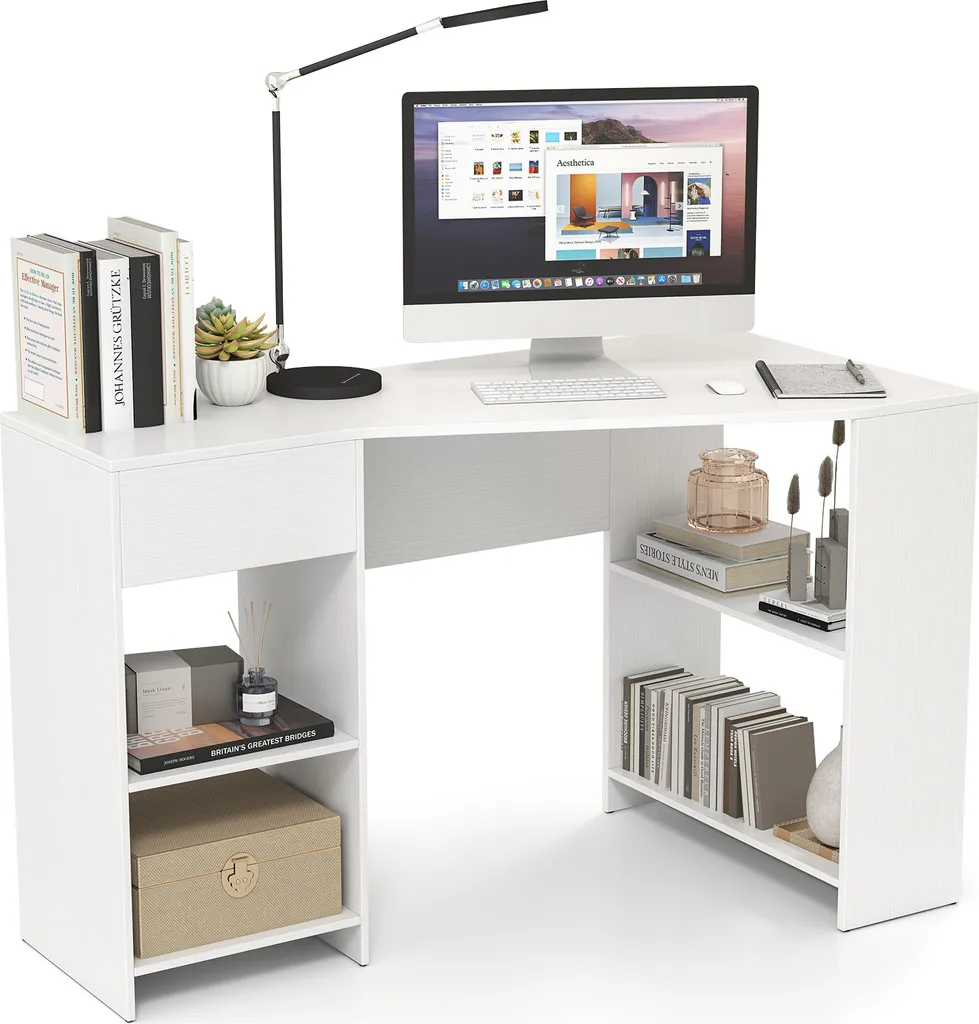 Bureau d'Angle Informatique Moderne avec Rangement Intégré, Blanc