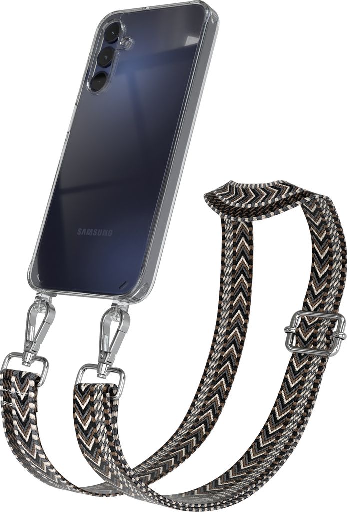 EAZY CASE Handykette - Verstellbarer Trageriemen kompatibel mit Samsung Galaxy A15, Handykordel mit transparenter Silikon-Hülle, Band in Grau