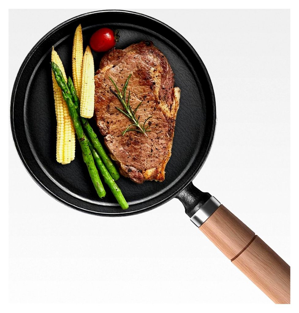 Gusseisenpfanne, Induktions-Grillpfanne 20 cm, kleine Steakpfanne mit Holzgriff, Gusseisenpfanne für Gas und Camping