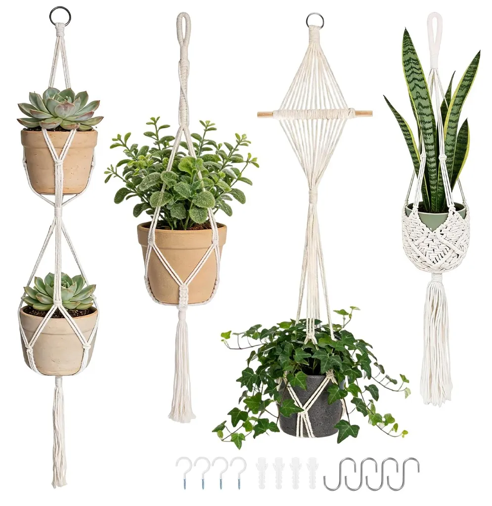 Lot de 4 Suspensions Macramé en Coton avec Crochets pour Pots de Fleurs