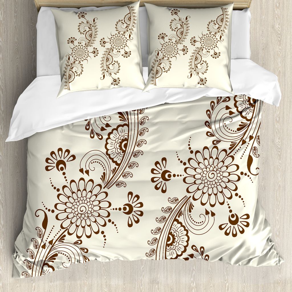 ABAKUHAUS Henna Bettbezugs Set Für Doppelbetten, Südasien Mehndi Muster, Milbensicher Allergiker geeignet mit Kissenbezügen, Braun Creme