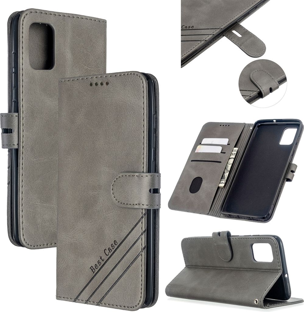 Für Samsung A51/A71/M30S Case weiches Leder Cover mit Denim Texture Präzise Ausschnitte Geldbörse Design Schnalle Schließung Smartphone Shell grau