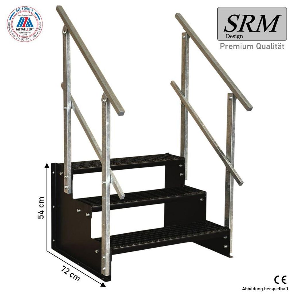 3 Stufen Standtreppe Modell 2 komplett schwarz Treppe Stahltreppe Tritthöhe 18 cm Breite 70 cm Höhe 54 cm 2x Geländer