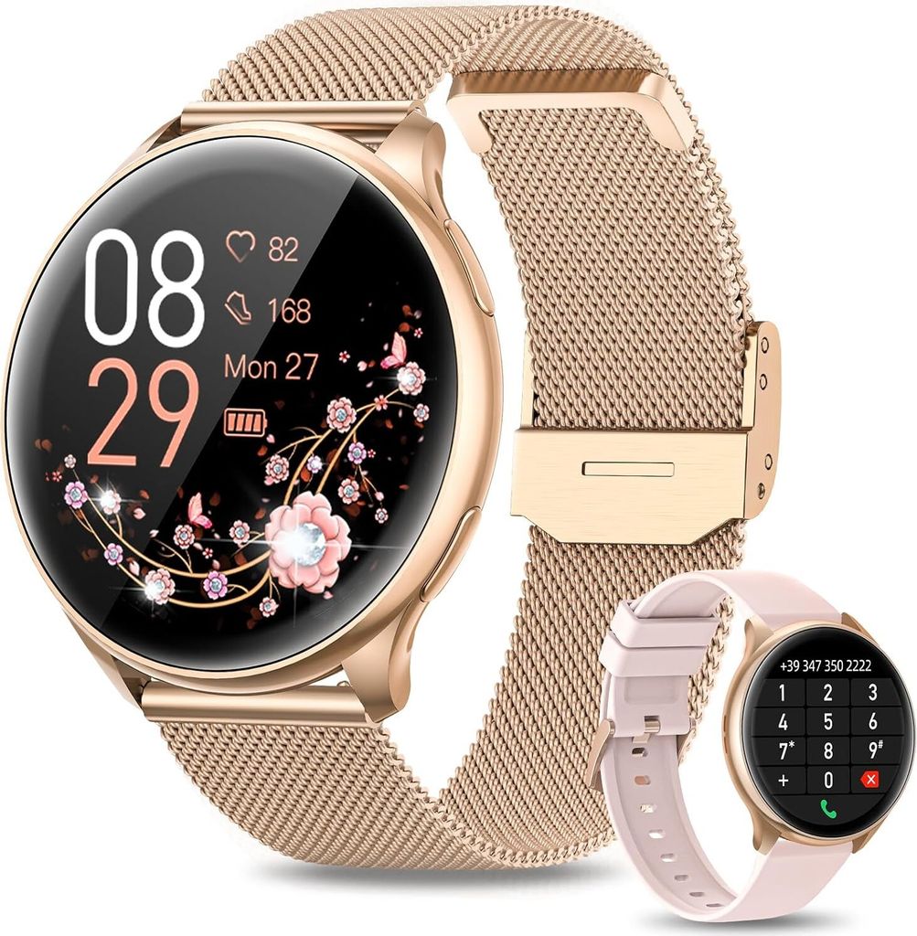 Damen Smartwatch mit Telefonfunktion,1,32 Zoll HD-Voll-Touchscreen SpO2, Herzfrequenz, Menstruationszyklus, Schlafmonitor, Schrittzähler,Android IOS