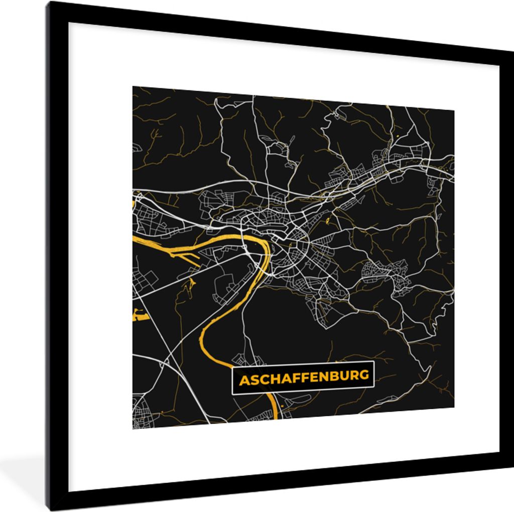 MuchoWow Gerahmtes Poster Gold - Deutschland - Karte - Stadtplan - Aschaffenburg 40x40 cm - Poster mit Schwarzem Bilderrahmen Wandposter Rahmen F...