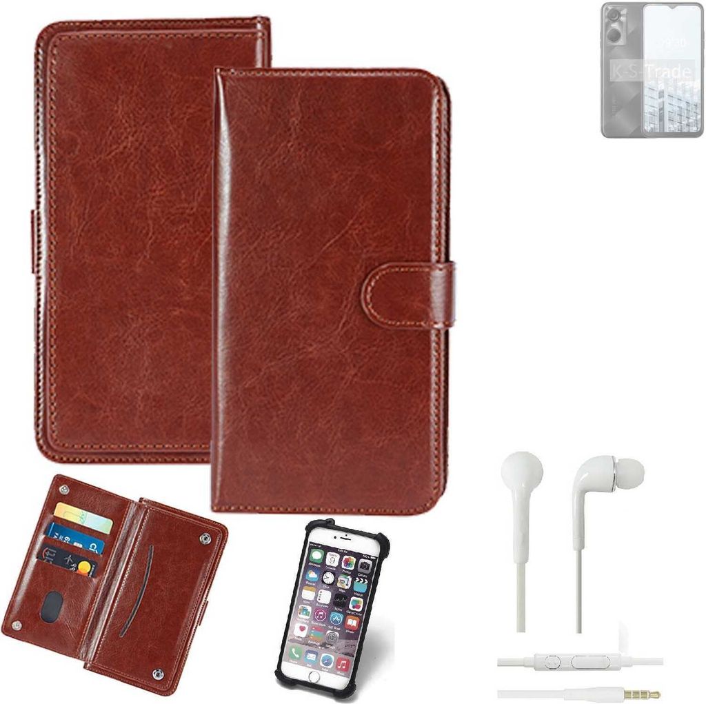 K-S-Trade 360° Hülle kompatibel mit Tecno Pop 6 Pro inkl. Headphones braun Kunstleder Case BookCase WalletCase Kunstlederederhülle Handyhülle,