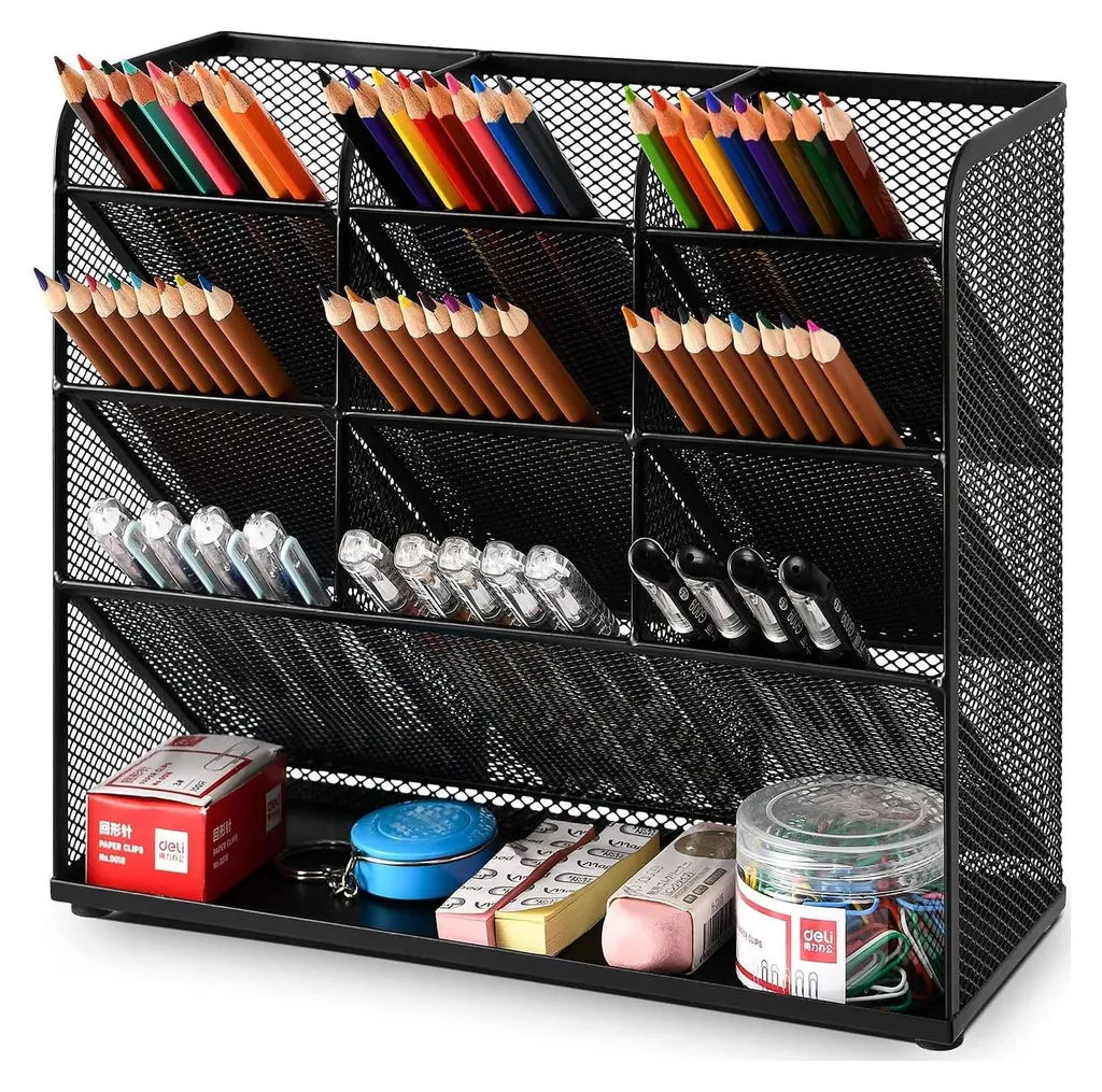 Organiseur de bureau en filet noir avec 6 compartiments et tiroir