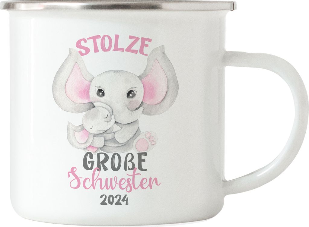 Stolze Große Schwester 2024 Emaille Tasse Elefanten Liebe Familie Schwestern Zusammenhalt Geschwister Geborgenheit