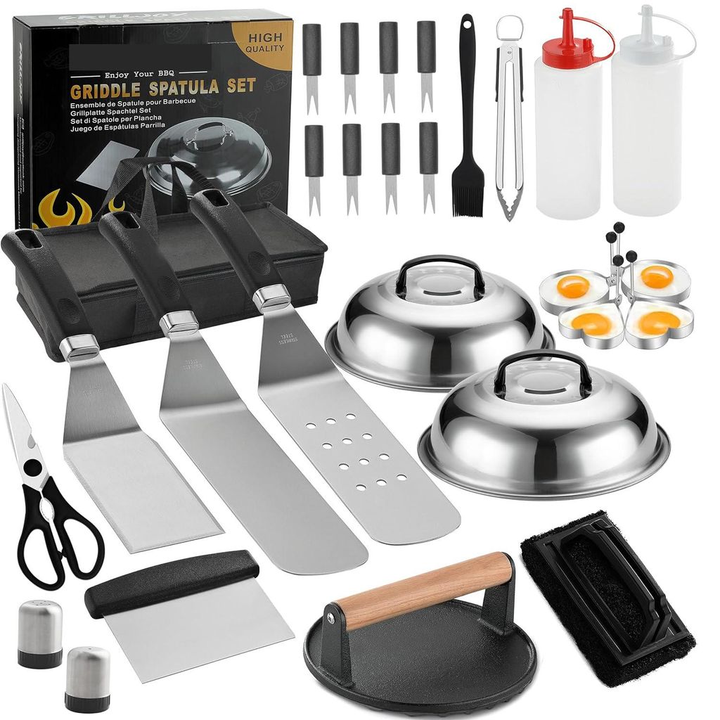 Plancha Zubehör Set, Grill Zubehör für Blackstone Grill, Burger Smasher Set mit Plancha Spachtel, Smash Burgerpress, Burgerglocke, 28TLG Grillbe...