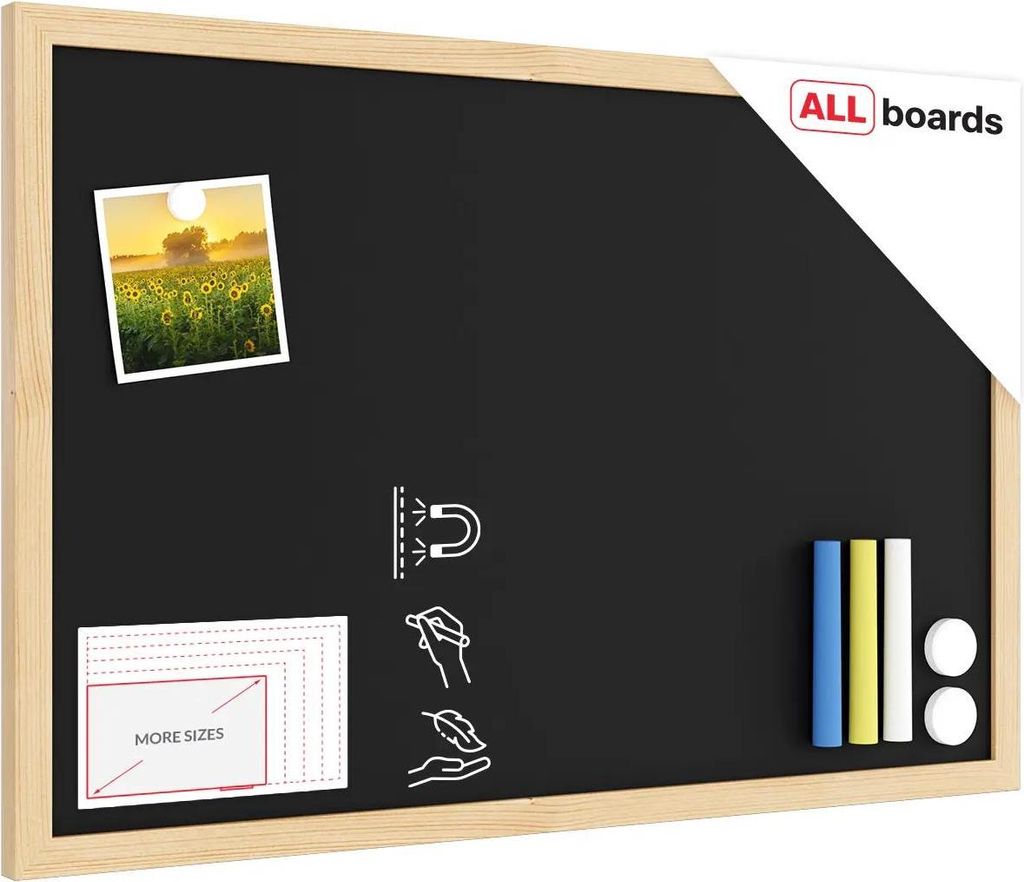 Schwarze magnetische Kreidetafel mit Naturholzrahmen Produktbild 
