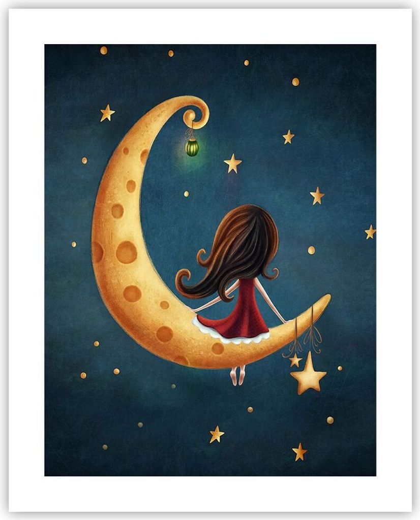 Poster - Poster ohne Rahmen - Kinder Mädchen Mond - 40x50 cm - Wand Bild - Wanddeko - Wandbilder - Kunstposter - Wandposter - Bilder - Kunstdruck ...