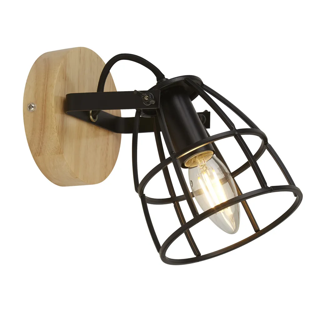 Plafonnier Cage 1Lt Rond Noir Mat et Bois Naturel - Luminaire de Salon